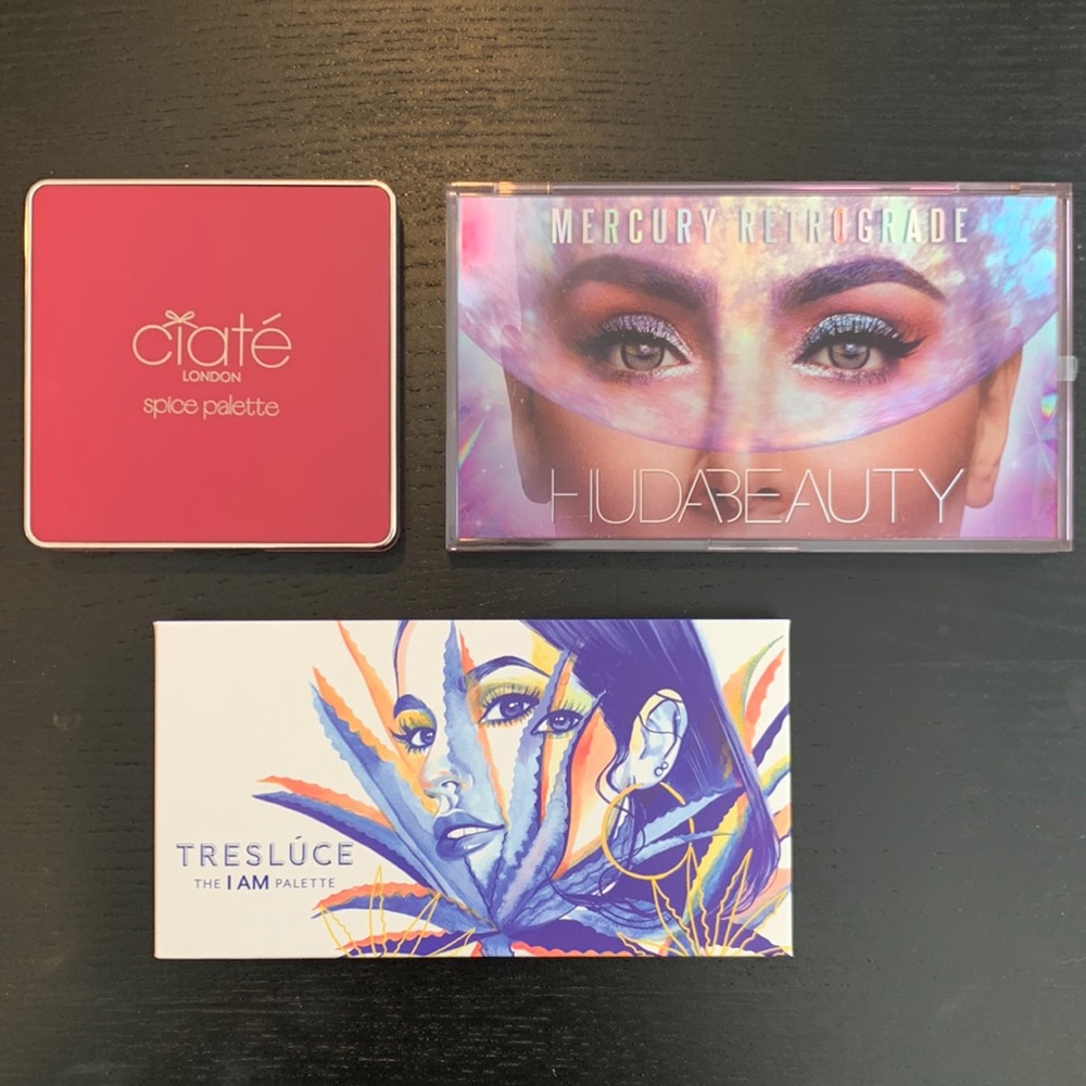 3 eyeshadow pallets. Ciate London  /. Huda Beauty   /  Tresluce Beauty